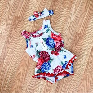 PatPat • Floral Print Romper & Headband Set